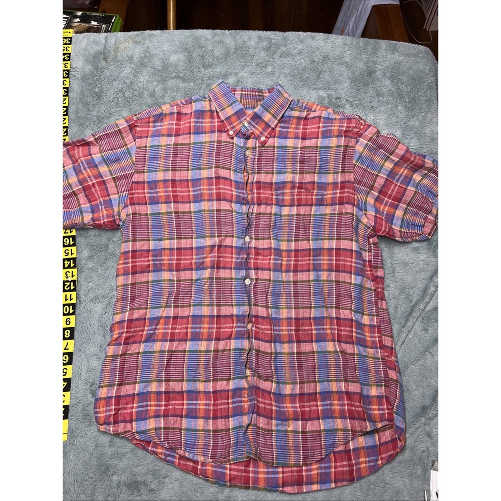 Orvis Linen Shirt Men's XL Short Sleeve Button Down Plaid Multicolored Red